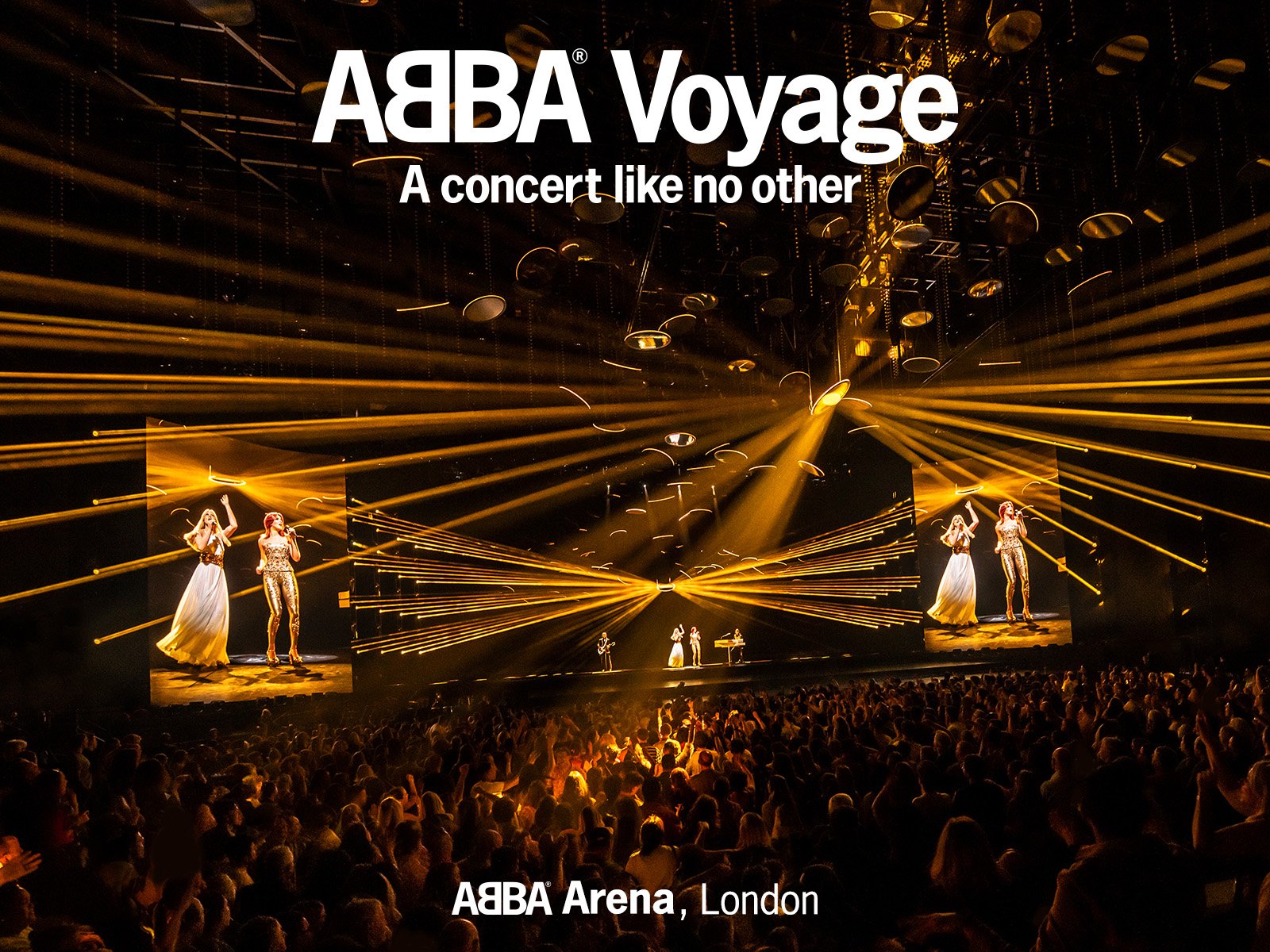 ABBA Voyage golden concert lights crowd